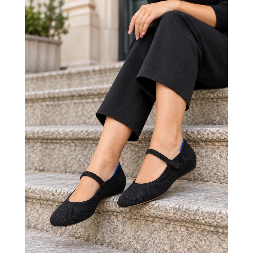 Rothy's Black Knit Mary Jane Flats Blue Trim Women's Size 8